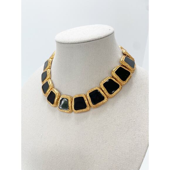 Anne Klein Gold Tone Black Enamel Byzantine Couture Statement Necklace - Picture 1 of 10